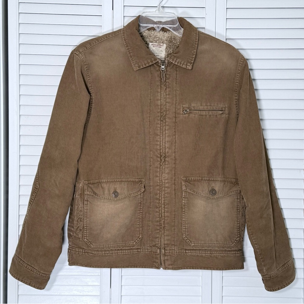 American Eagle Corduroy Jacket Brown Men's M Faux Fur Lined Zip Coat Distressed
